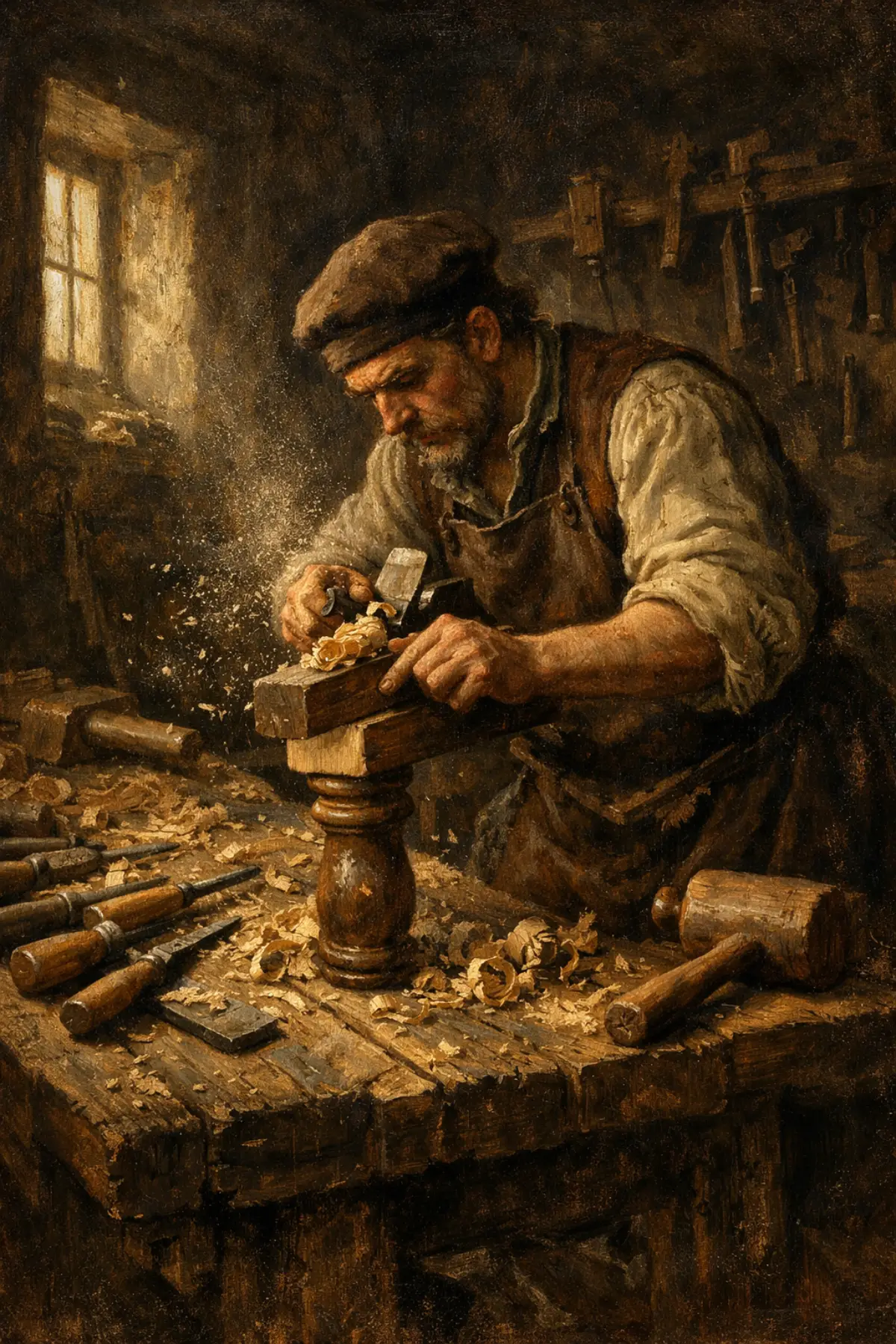 Depiction of ancient Egyptian carpenters using hand tools to assemble a wooden stool