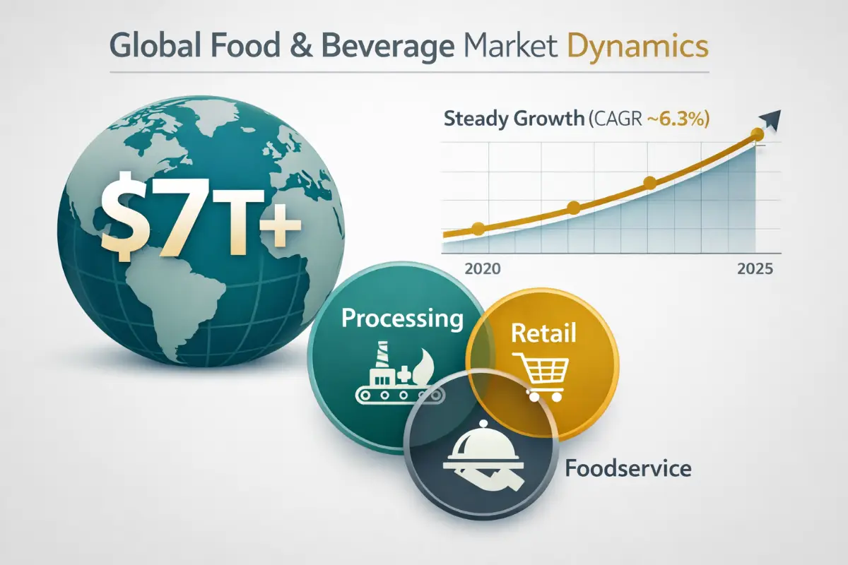 Infographic showing global F&B market size, growth rate, and key sector contributions