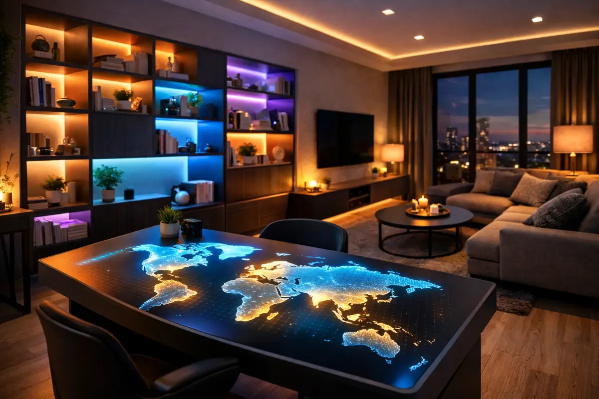 A futuristic, cozy living room scene featuring smart furniture: a sofa with interactive lighting, a coffee table with a built-in touchscreen, and minimalist, modular shelves