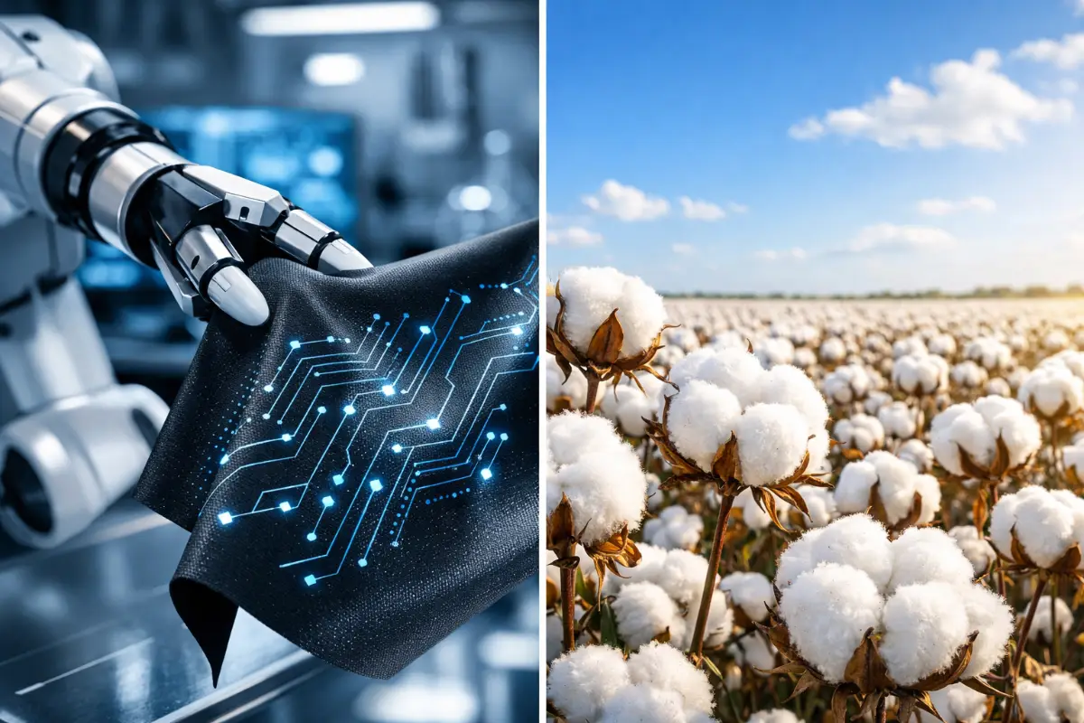 A split image: on one side, a high-tech lab with robotic arms handling advanced fabrics; on the other, a lush green field of organic cotton, representing technology and nature in the industry's future.