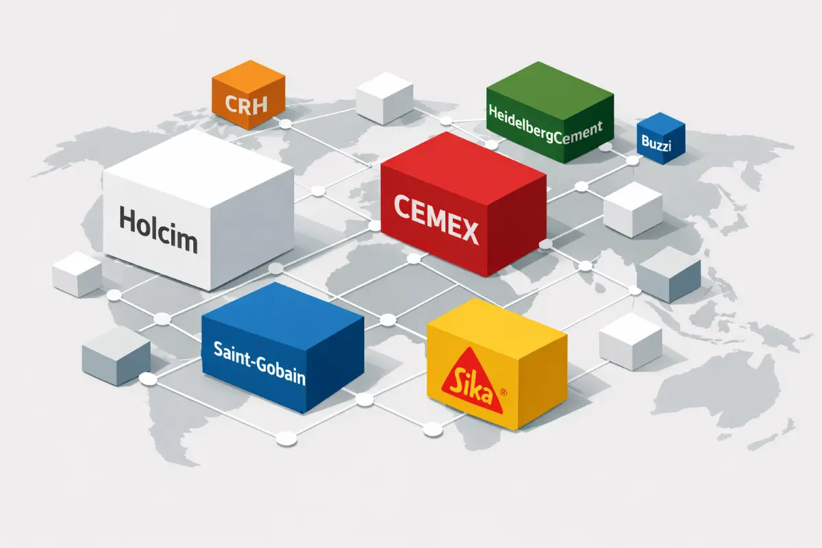 Abstract isometric diagram showing a global network of interconnected building material companies