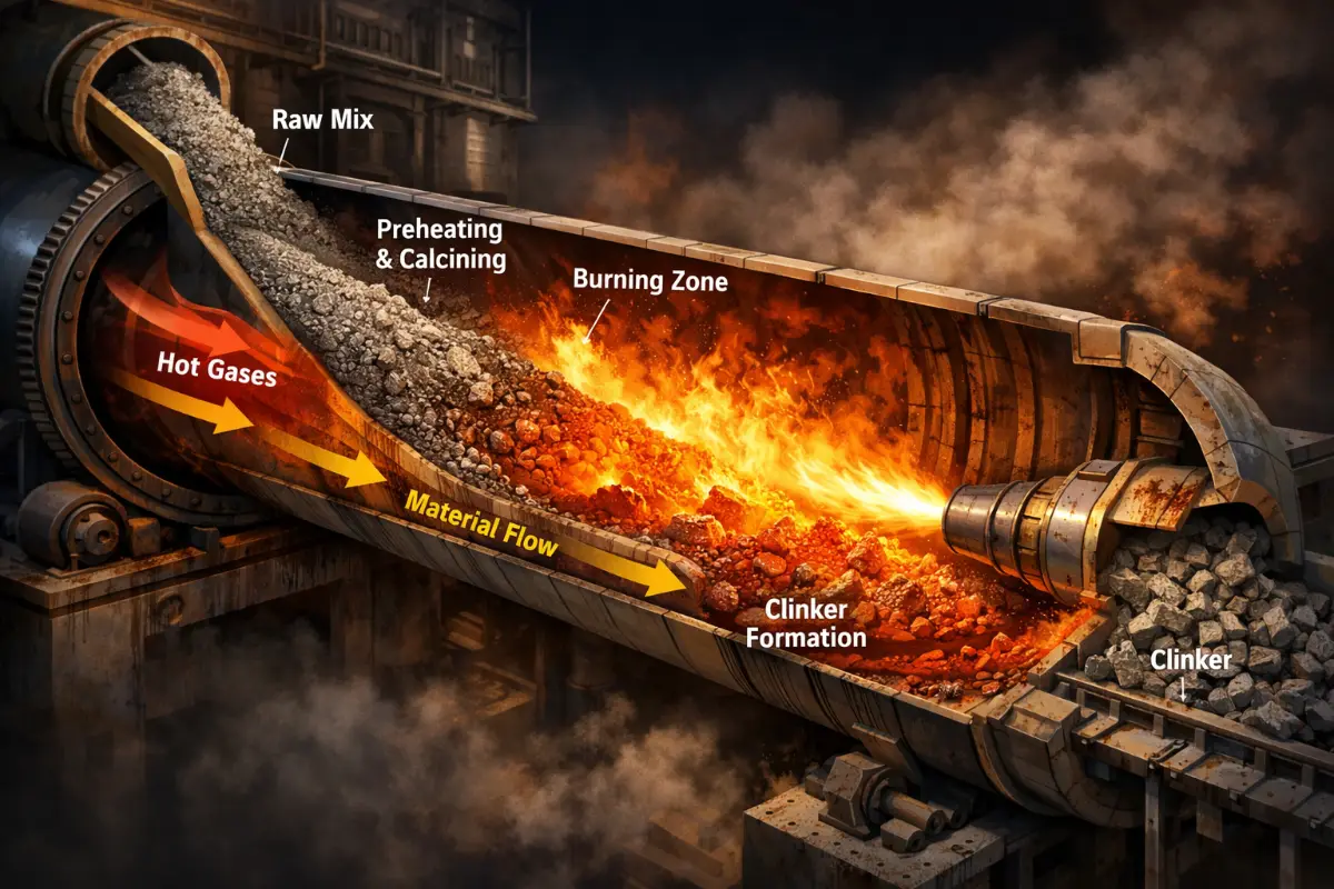Detailed cutaway illustration of the cement manufacturing process inside an industrial kiln