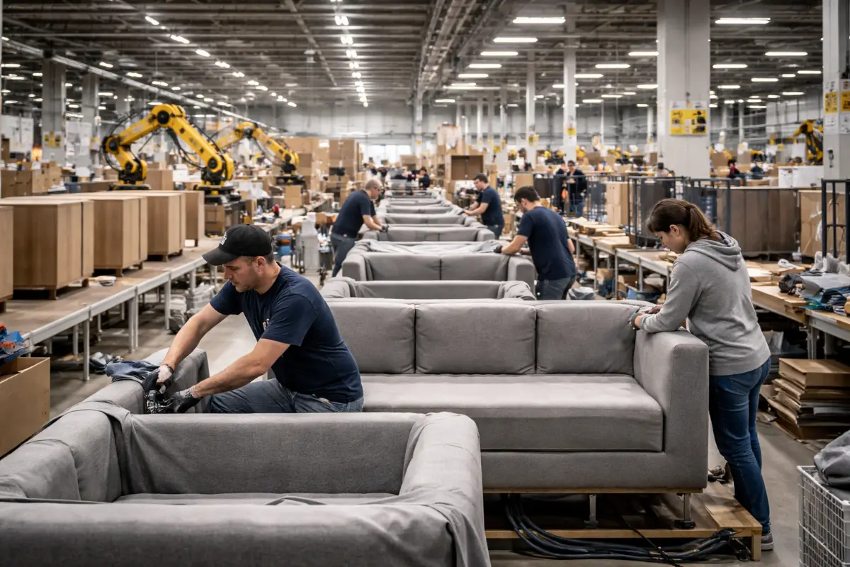 A modern, clean factory with robotic arms assembling flat-pack furniture panels on a conveyor belt