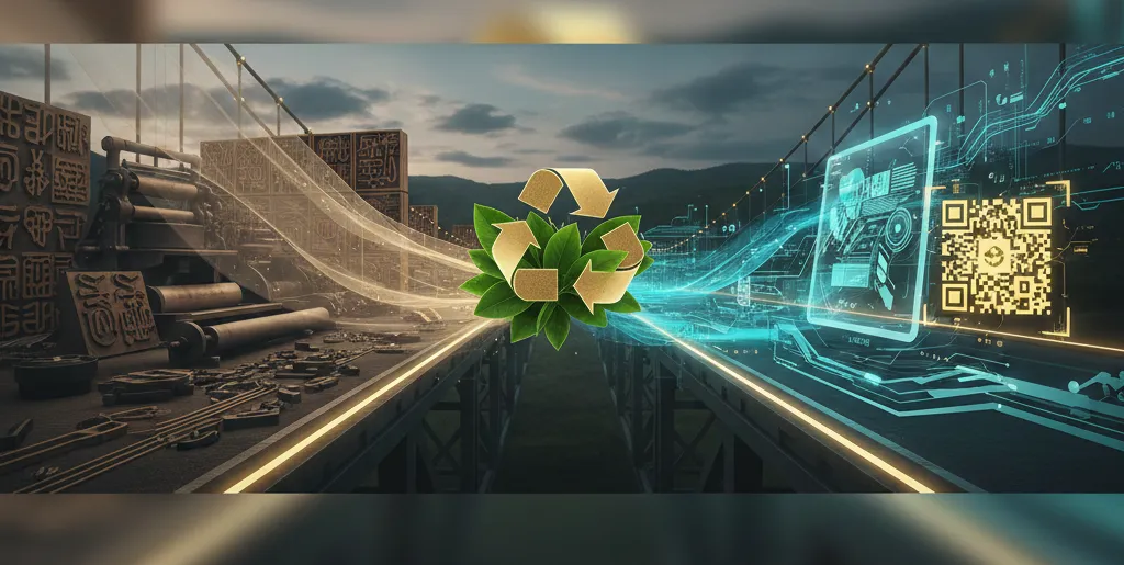 A visual metaphor showing traditional printing tools merging with digital data streams and green leaves