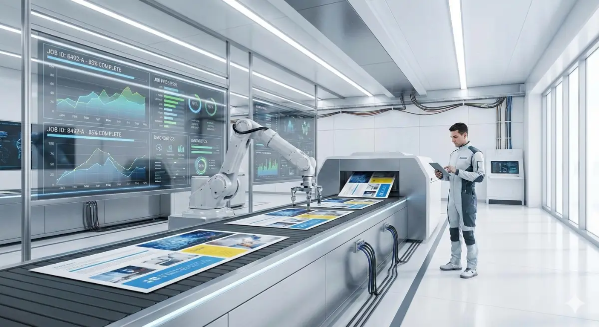 A modern, clean printing facility with robotic arms, digital control panels, and flowing data visualizations in the air