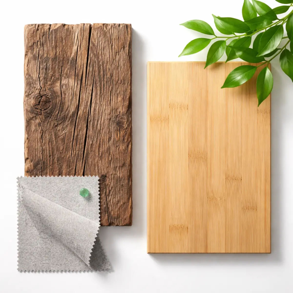 A close-up, arranged collection of sustainable furniture materials: reclaimed wood planks, bamboo stalks, recycled fabric swatches, and non-toxic finish samples