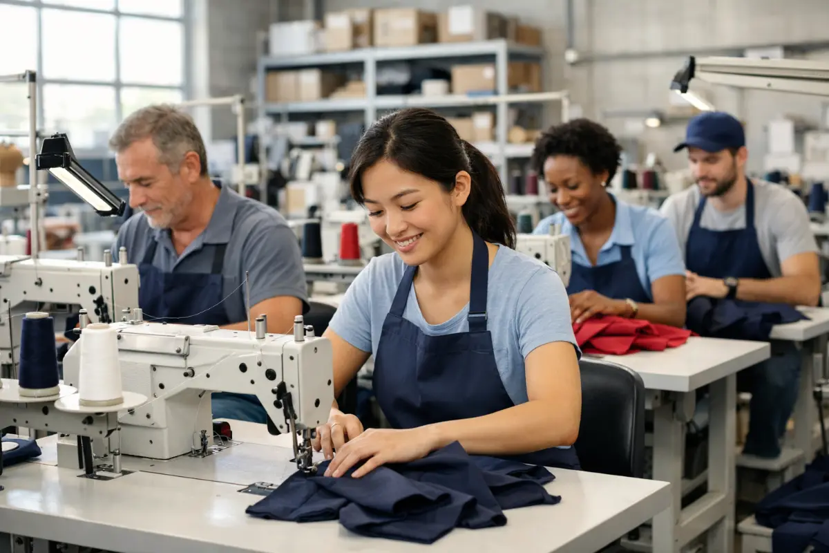 A diverse group of garment factory workers in a clean, well-lit modern facility, focusing on their skilled work on sewing machines, looking safe and professional.
