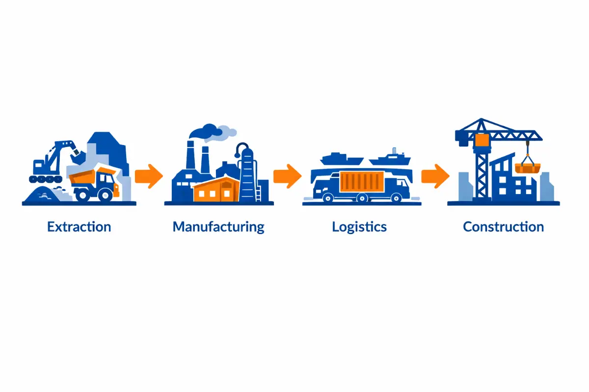 Infographic diagram illustrating the building materials value chain from extraction to construction